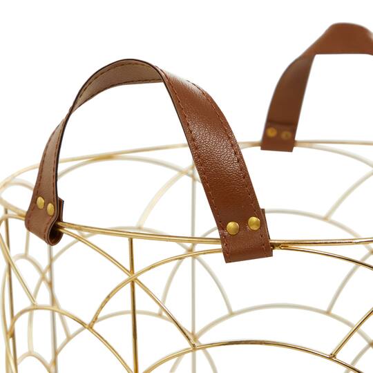 CosmoLiving by Cosmopolitan Gold Metal Storage Basket with Faux Leather Handles Set of 3 16", 14